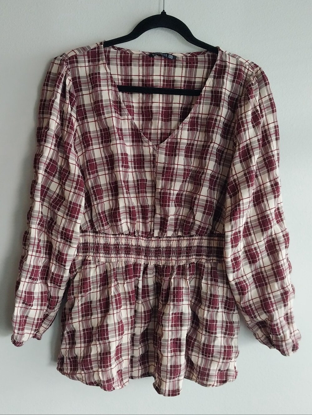Bloomchic Red & Cream Plaid Long Sleeve Smocked Crinkle Peplum Waist Top